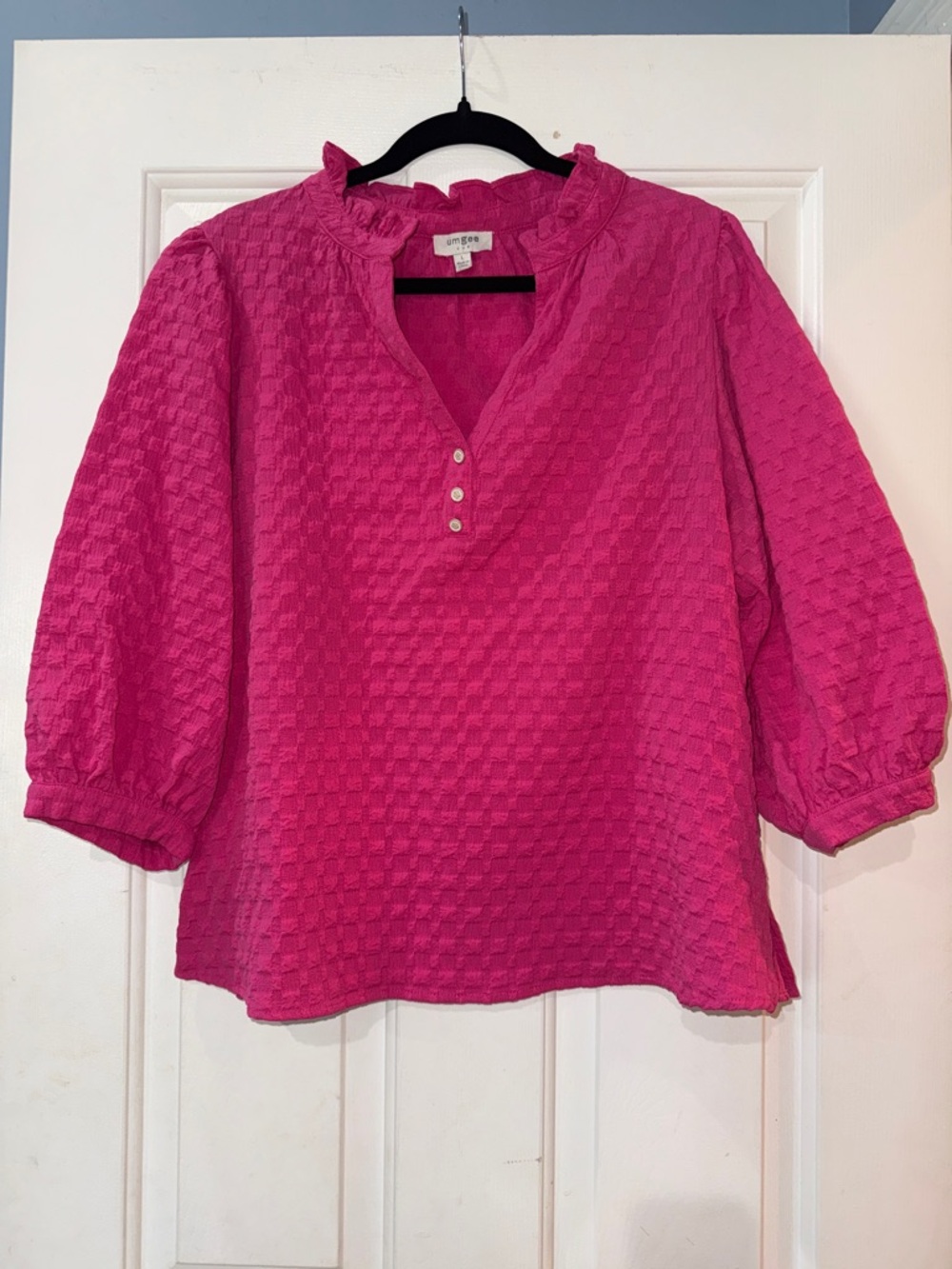 Umgee Hot Pink Textured Ruffle Henley Blouse